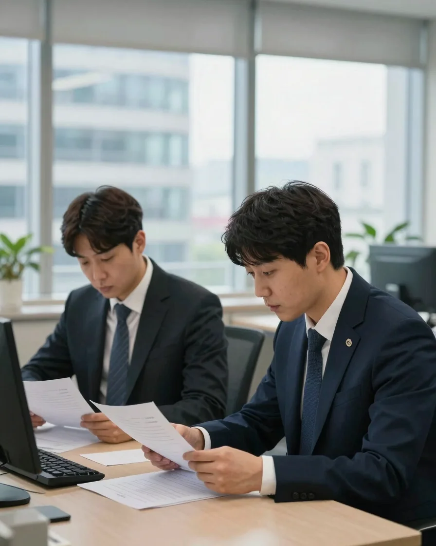 서울 강남구 역삼동 사무실에서 한국인 직장인 두 명이 창가 자연광 아래 동의 기록 문서를 나란히 검토하는 와이드 환경 컷, 차분한 네이비와 에메랄드 톤, 35mm 렌즈, 과장된 연출 없이 실제 업무 맥락이 보이는 장